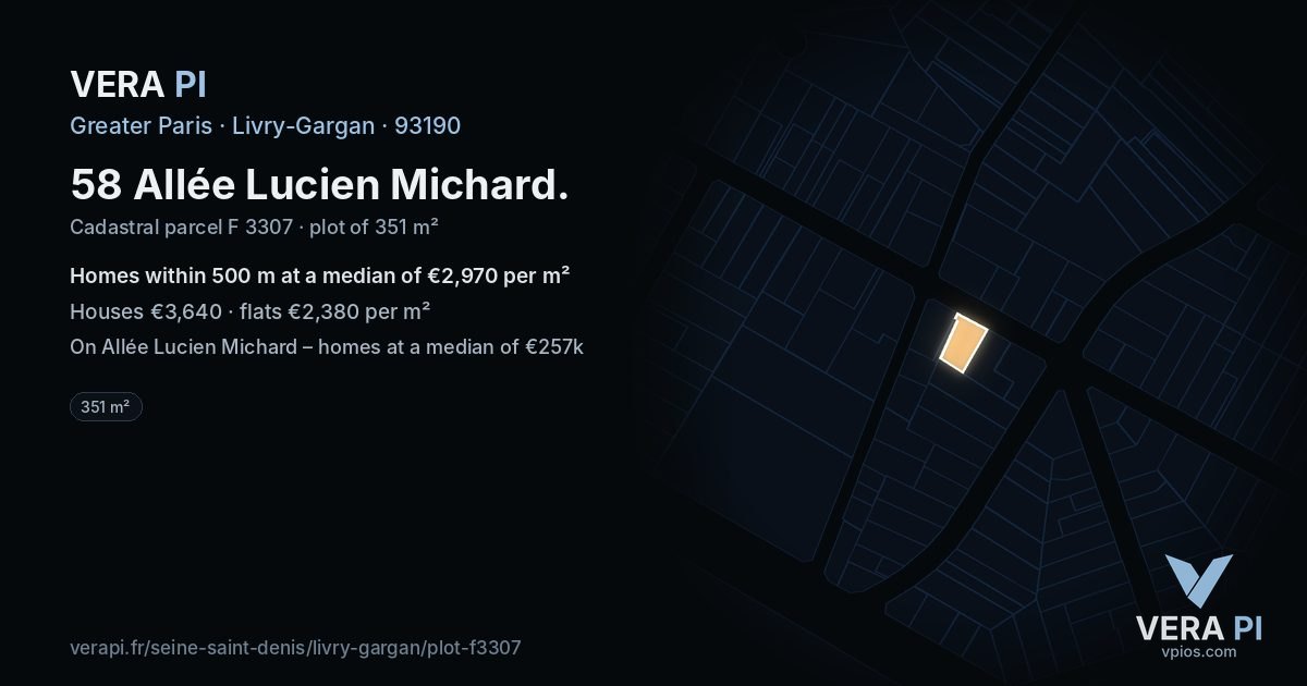 58 Allée Lucien Michard, Livry-Gargan at night – the plot lit, the parcels around coloured by the prices near them