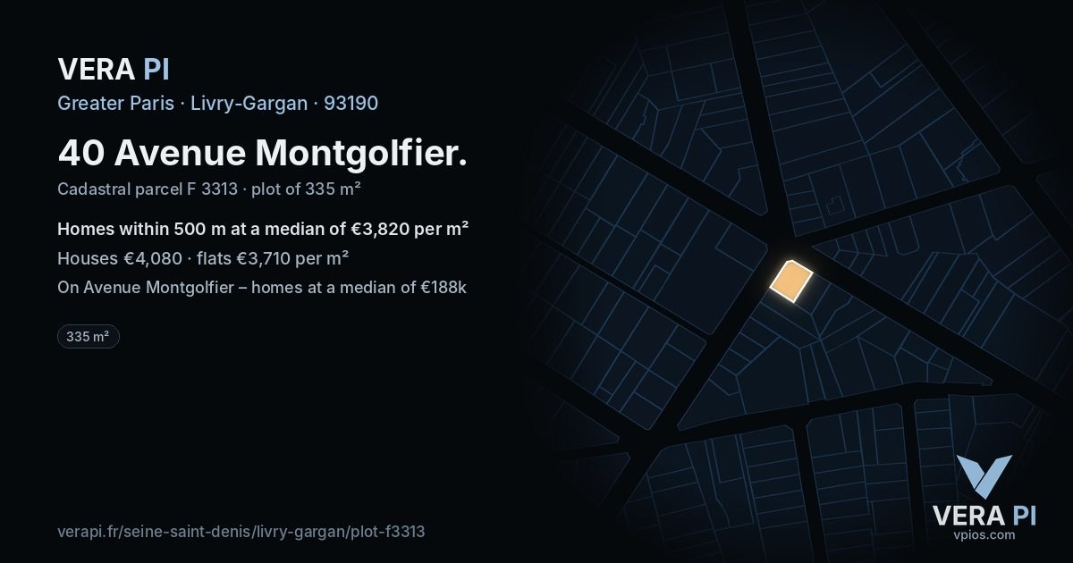 40 Avenue Montgolfier, Livry-Gargan at night – the plot lit, the parcels around coloured by the prices near them