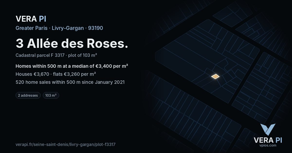 3 Allée des Roses, Livry-Gargan at night – the plot lit, the parcels around coloured by the prices near them