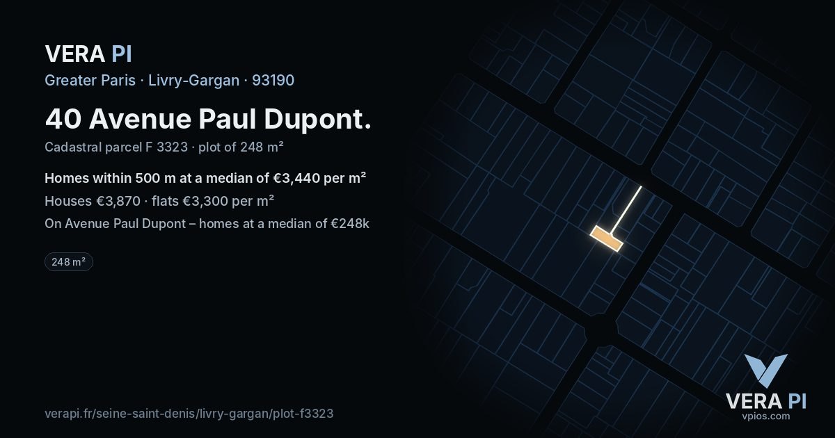 40 Avenue Paul Dupont, Livry-Gargan at night – the plot lit, the parcels around coloured by the prices near them
