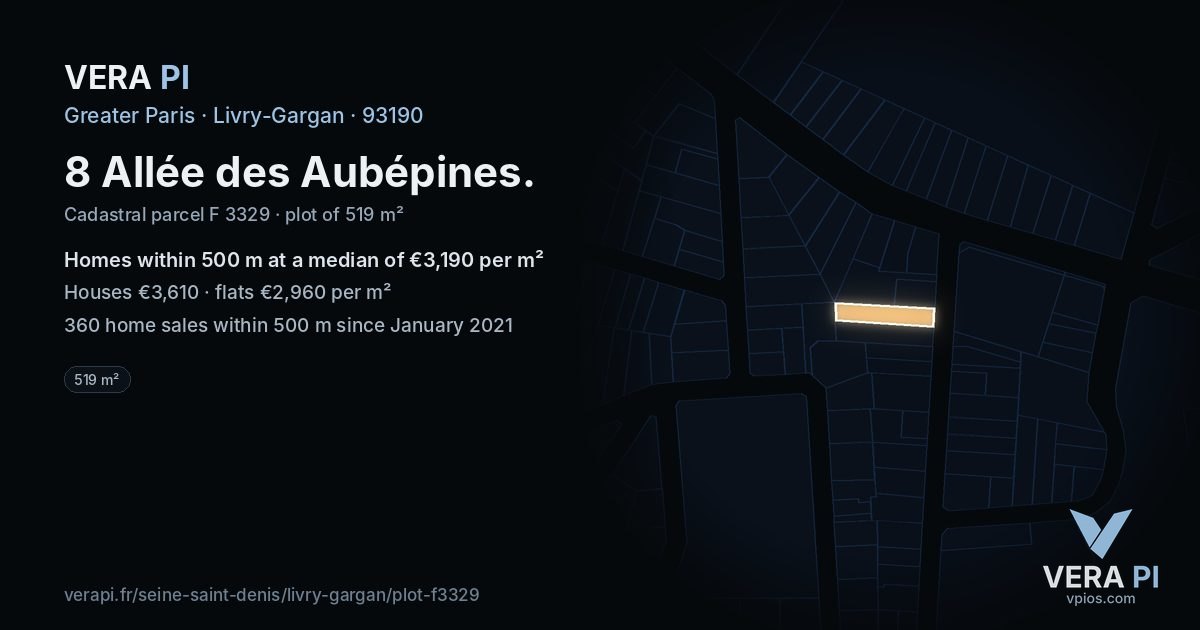 8 Allée des Aubépines, Livry-Gargan at night – the plot lit, the parcels around coloured by the prices near them