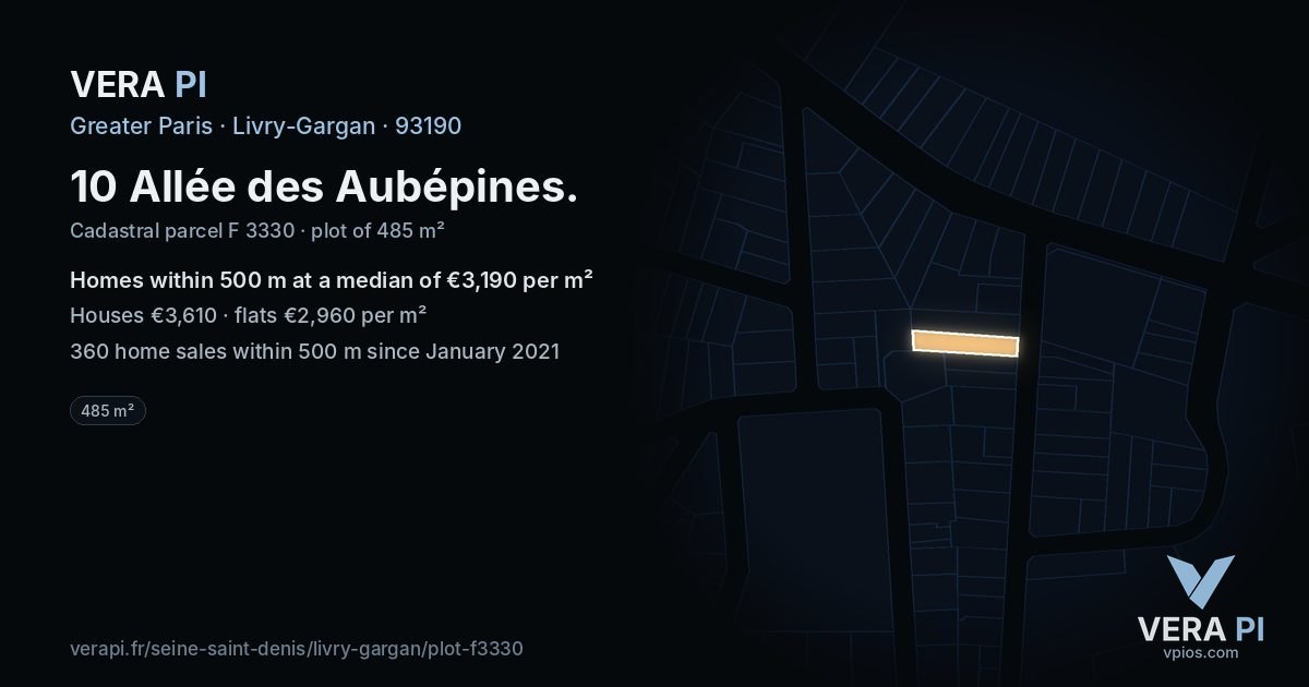 10 Allée des Aubépines, Livry-Gargan at night – the plot lit, the parcels around coloured by the prices near them