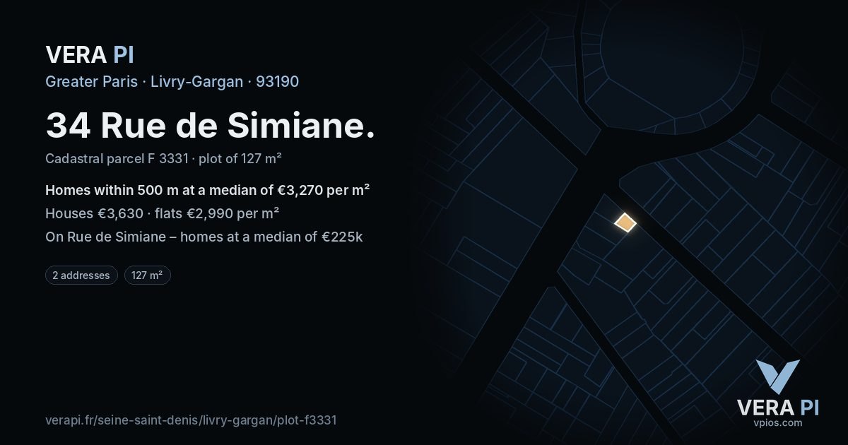 34 Rue de Simiane, Livry-Gargan at night – the plot lit, the parcels around coloured by the prices near them