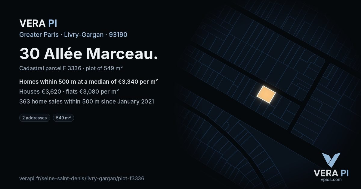 30 Allée Marceau, Livry-Gargan at night – the plot lit, the parcels around coloured by the prices near them