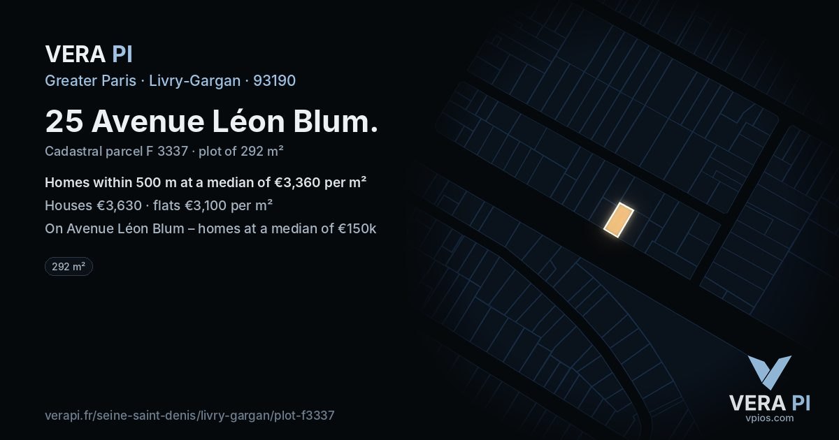 25 Avenue Léon Blum, Livry-Gargan at night – the plot lit, the parcels around coloured by the prices near them