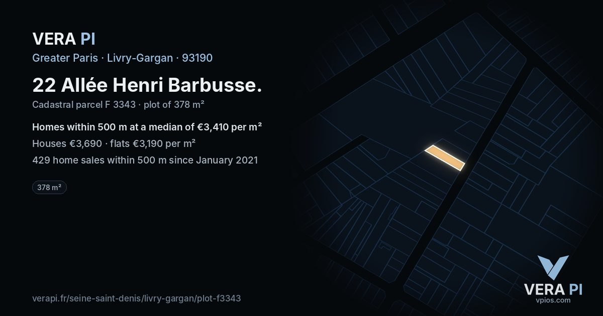 22 Allée Henri Barbusse, Livry-Gargan at night – the plot lit, the parcels around coloured by the prices near them