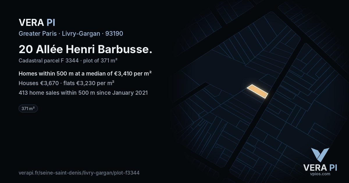 20 Allée Henri Barbusse, Livry-Gargan at night – the plot lit, the parcels around coloured by the prices near them