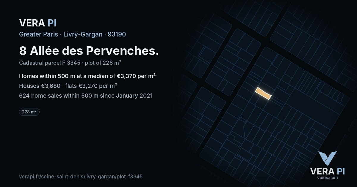 8 Allée des Pervenches, Livry-Gargan at night – the plot lit, the parcels around coloured by the prices near them