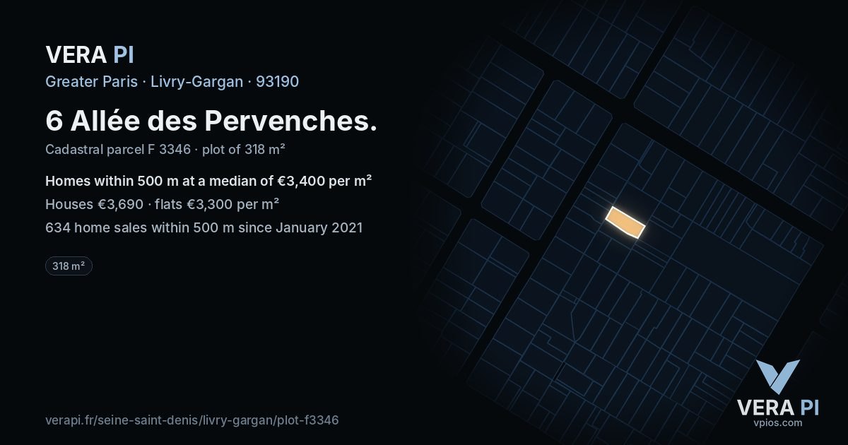 6 Allée des Pervenches, Livry-Gargan at night – the plot lit, the parcels around coloured by the prices near them