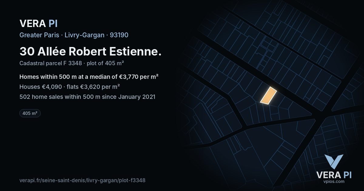 30 Allée Robert Estienne, Livry-Gargan at night – the plot lit, the parcels around coloured by the prices near them