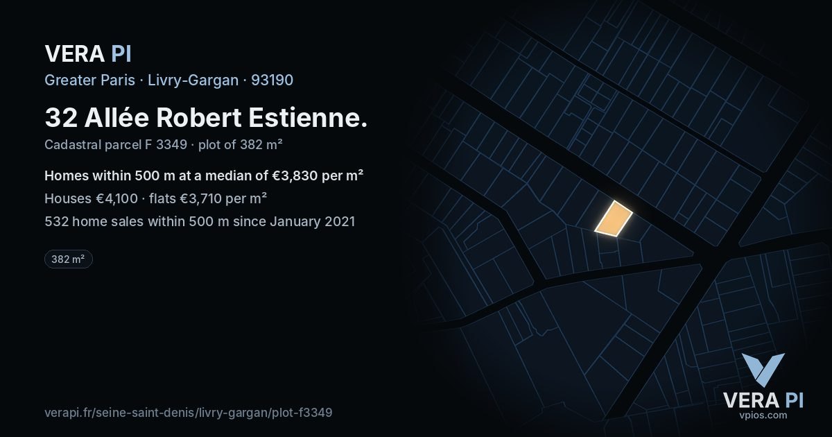 32 Allée Robert Estienne, Livry-Gargan at night – the plot lit, the parcels around coloured by the prices near them