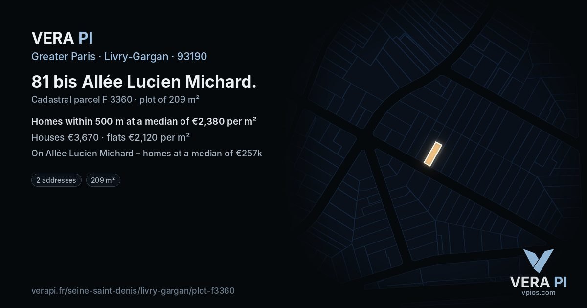 81 bis Allée Lucien Michard, Livry-Gargan at night – the plot lit, the parcels around coloured by the prices near them