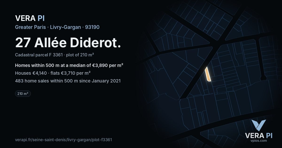 27 Allée Diderot, Livry-Gargan at night – the plot lit, the parcels around coloured by the prices near them