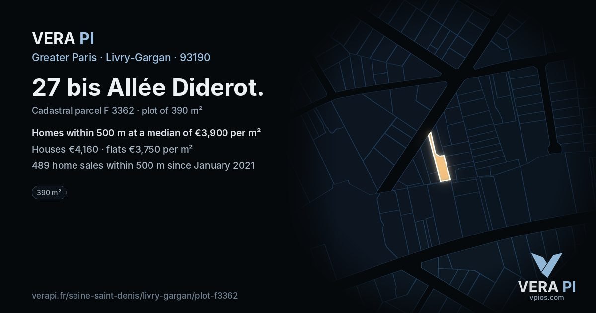 27 bis Allée Diderot, Livry-Gargan at night – the plot lit, the parcels around coloured by the prices near them