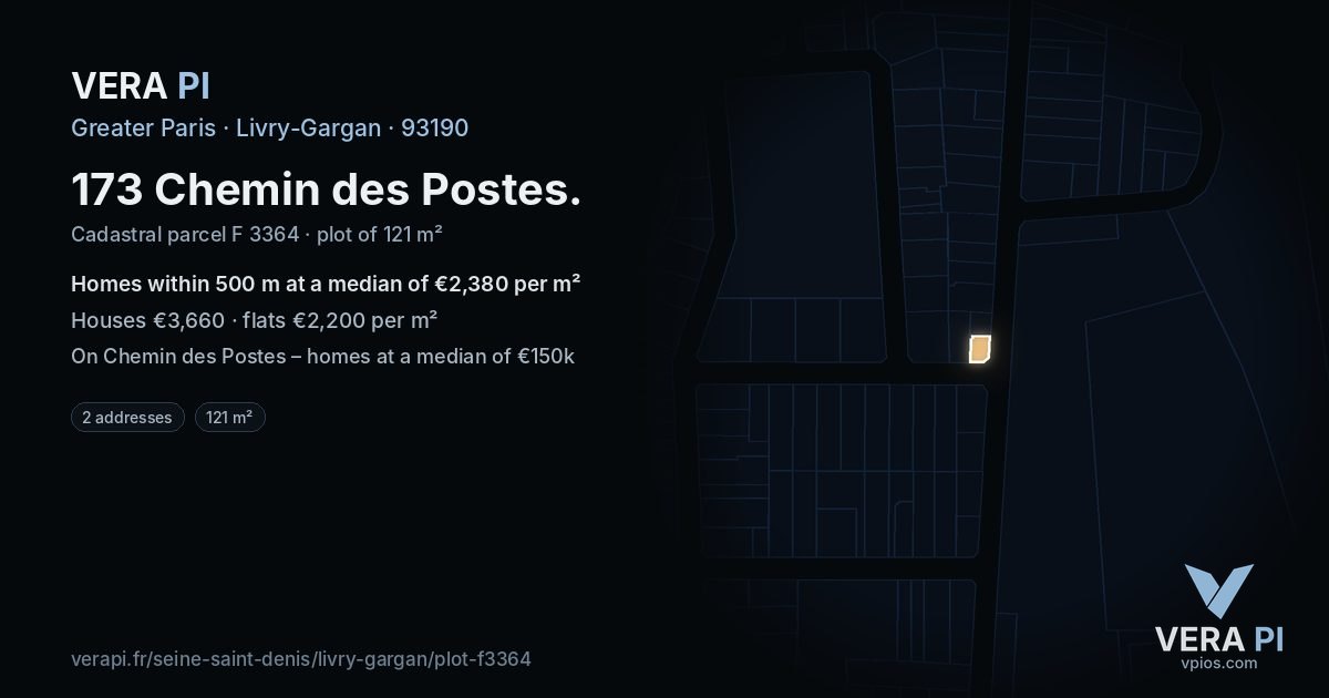 173 Chemin des Postes, Livry-Gargan at night – the plot lit, the parcels around coloured by the prices near them