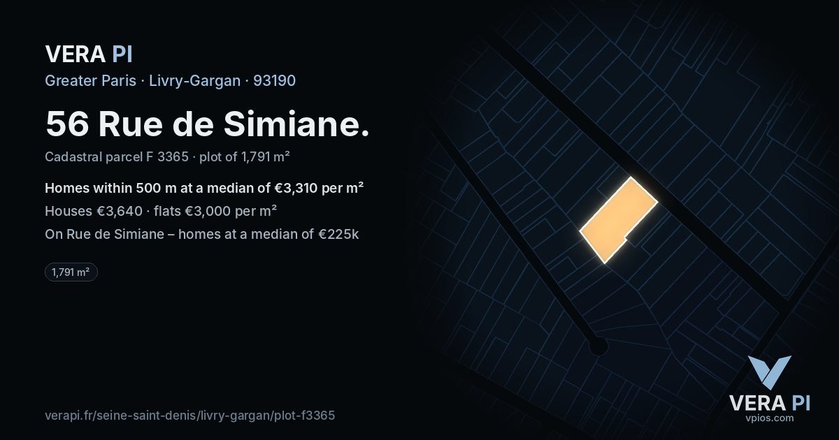 56 Rue de Simiane, Livry-Gargan at night – the plot lit, the parcels around coloured by the prices near them