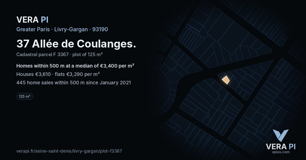 37 Allée de Coulanges, Livry-Gargan at night – the plot lit, the parcels around coloured by the prices near them