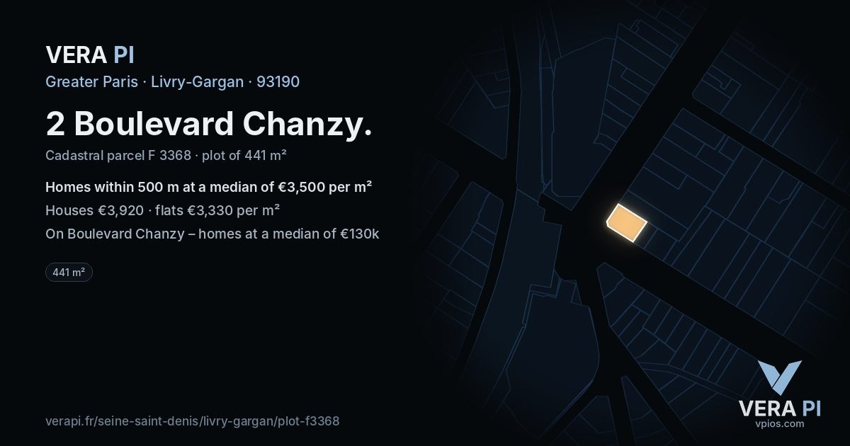 2 Boulevard Chanzy, Livry-Gargan at night – the plot lit, the parcels around coloured by the prices near them