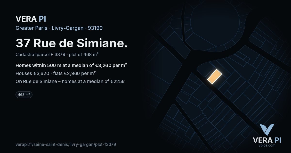 37 Rue de Simiane, Livry-Gargan at night – the plot lit, the parcels around coloured by the prices near them