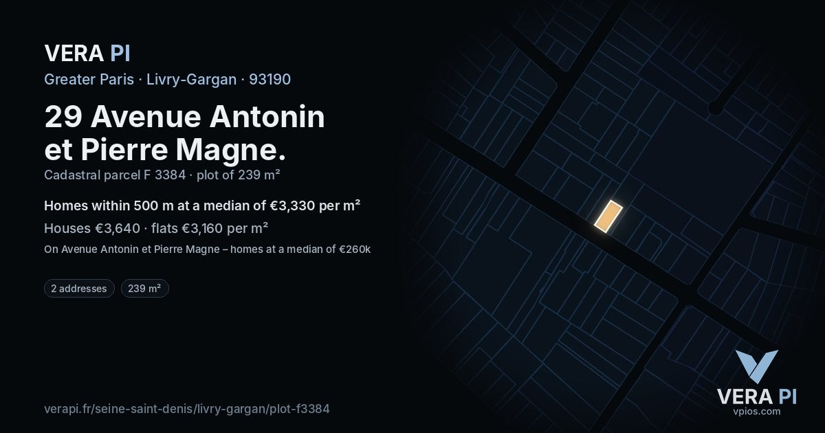 29 Avenue Antonin et Pierre Magne, Livry-Gargan at night – the plot lit, the parcels around coloured by the prices near them