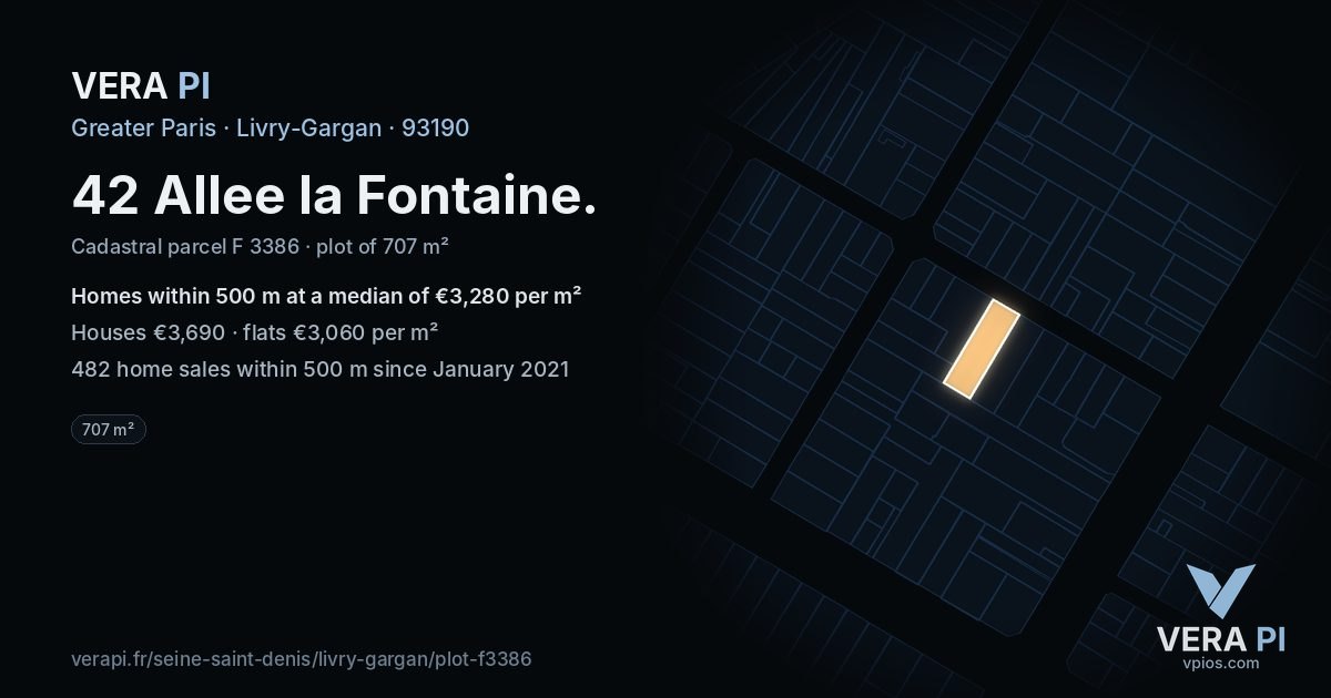 42 Allee la Fontaine, Livry-Gargan at night – the plot lit, the parcels around coloured by the prices near them
