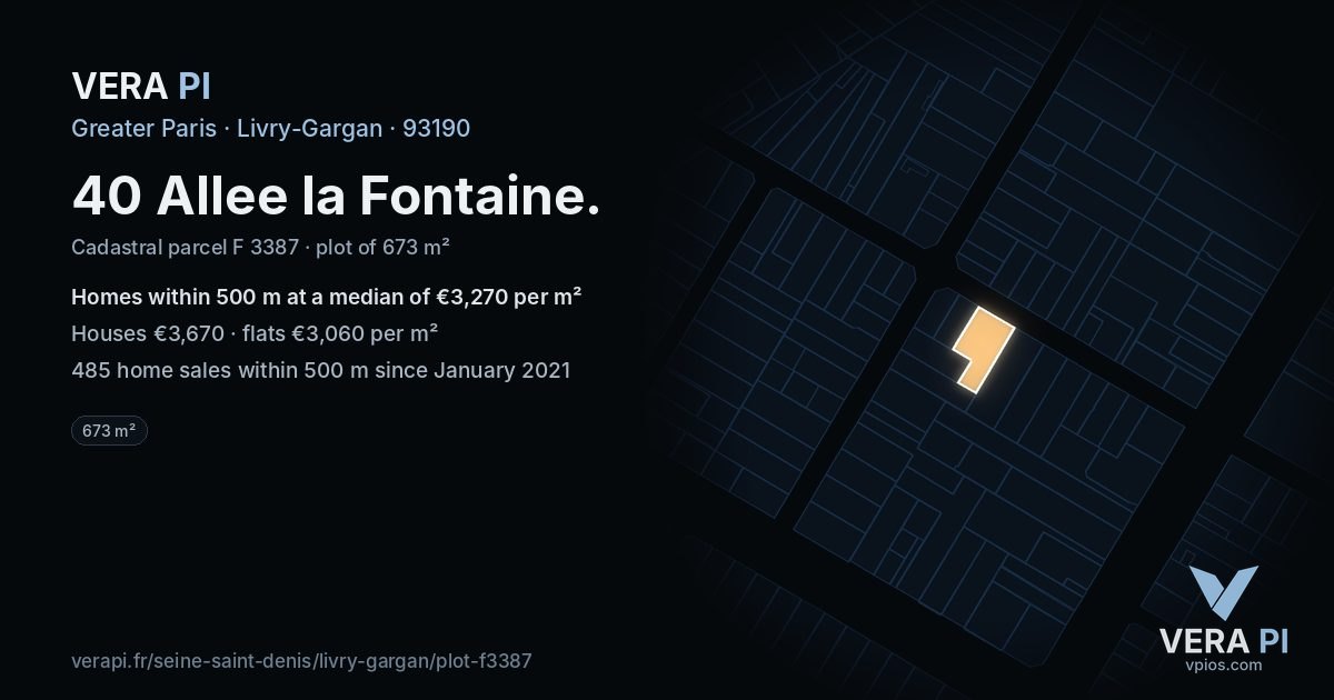 40 Allee la Fontaine, Livry-Gargan at night – the plot lit, the parcels around coloured by the prices near them