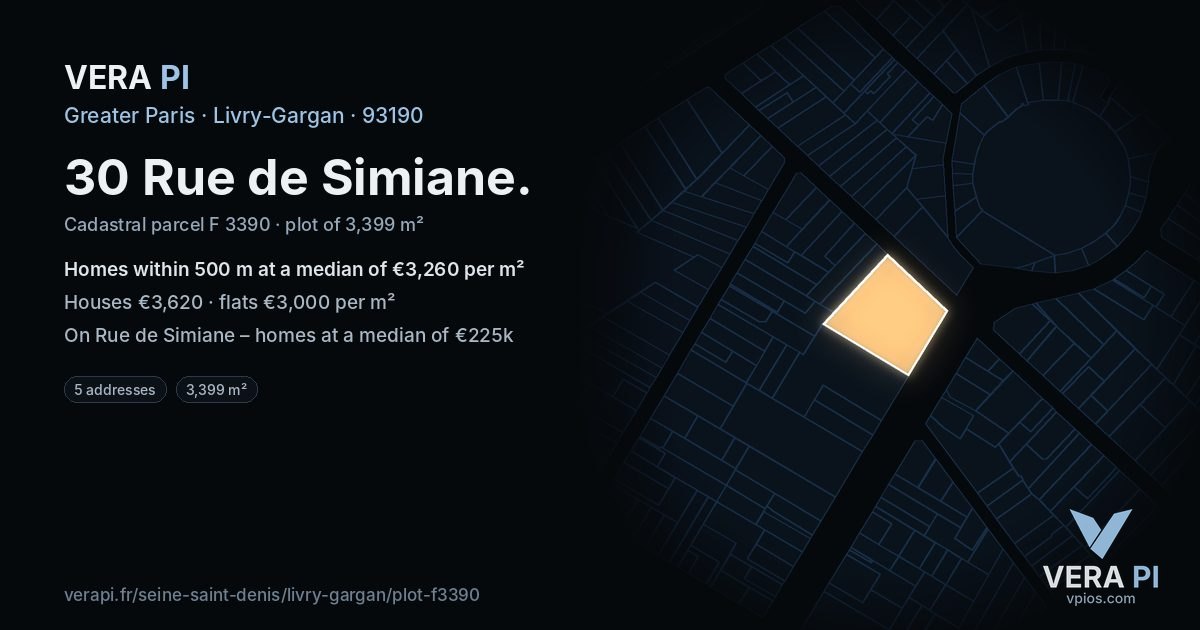 30 Rue de Simiane, Livry-Gargan at night – the plot lit, the parcels around coloured by the prices near them