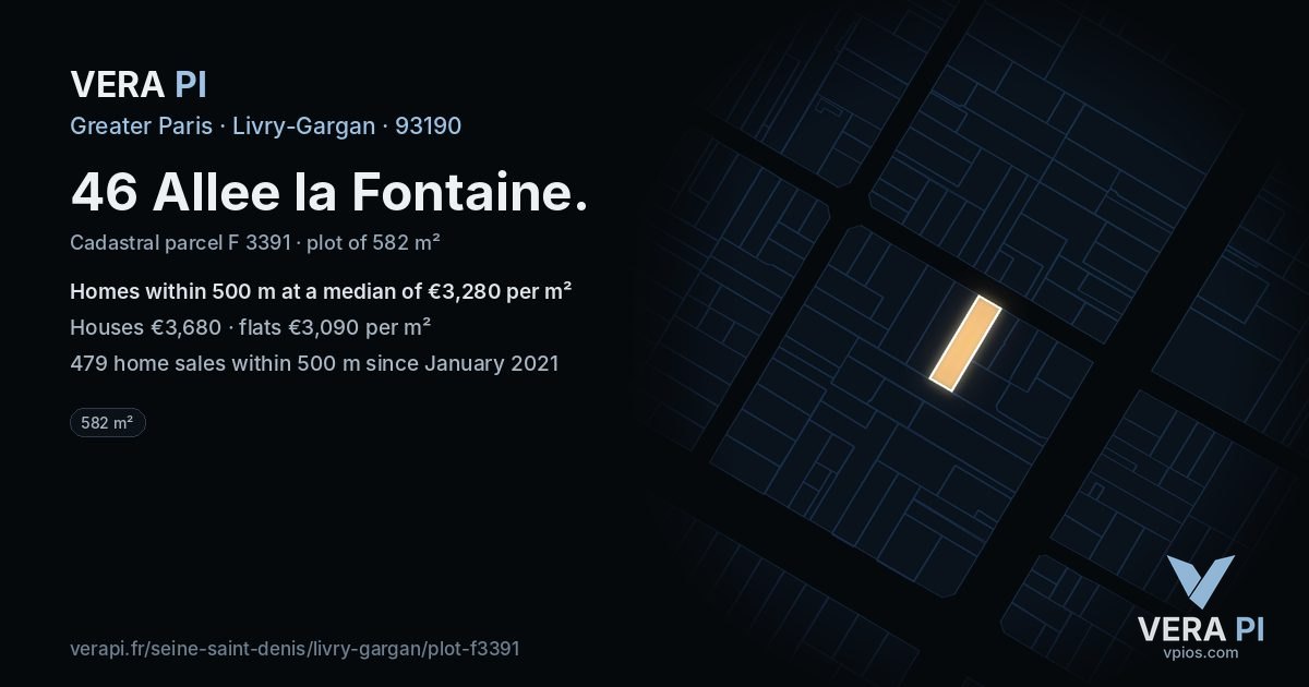 46 Allee la Fontaine, Livry-Gargan at night – the plot lit, the parcels around coloured by the prices near them