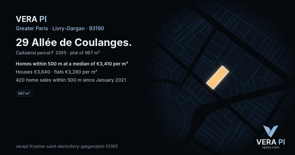 29 Allée de Coulanges, Livry-Gargan at night – the plot lit, the parcels around coloured by the prices near them