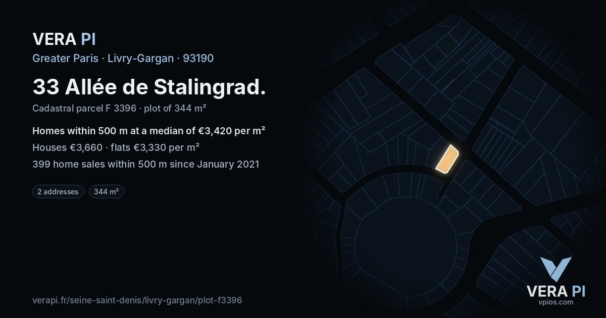 33 Allée de Stalingrad, Livry-Gargan at night – the plot lit, the parcels around coloured by the prices near them