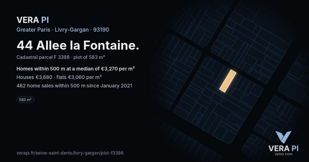 44 Allee la Fontaine, Livry-Gargan at night – the plot lit, the parcels around coloured by the prices near them