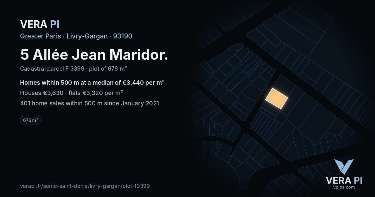 5 Allée Jean Maridor, Livry-Gargan at night – the plot lit, the parcels around coloured by the prices near them