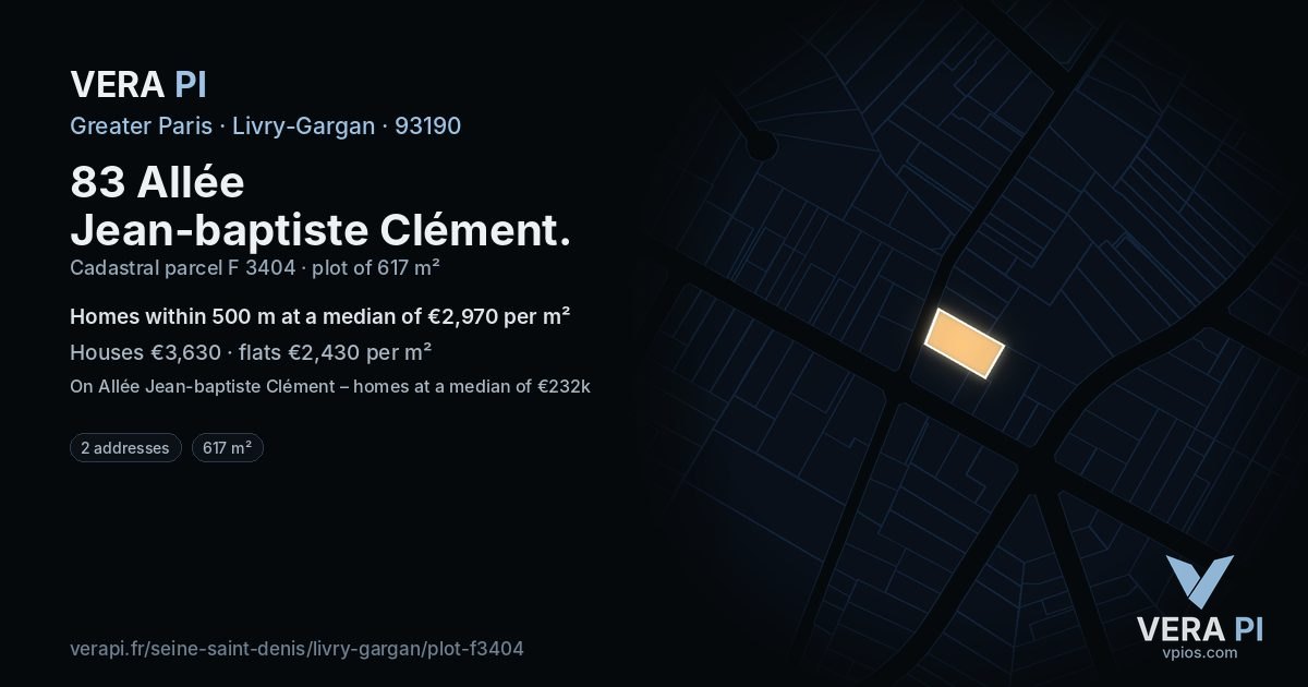 83 Allée Jean-baptiste Clément, Livry-Gargan at night – the plot lit, the parcels around coloured by the prices near them