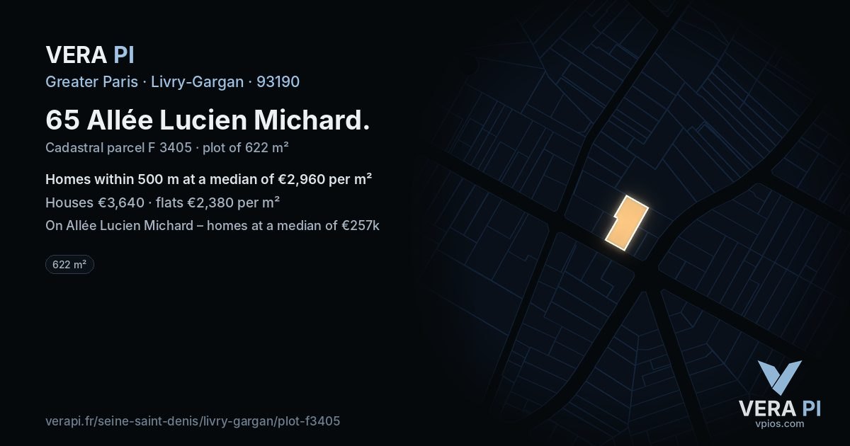 65 Allée Lucien Michard, Livry-Gargan at night – the plot lit, the parcels around coloured by the prices near them