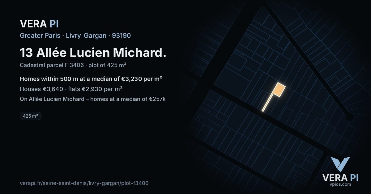 13 Allée Lucien Michard, Livry-Gargan at night – the plot lit, the parcels around coloured by the prices near them