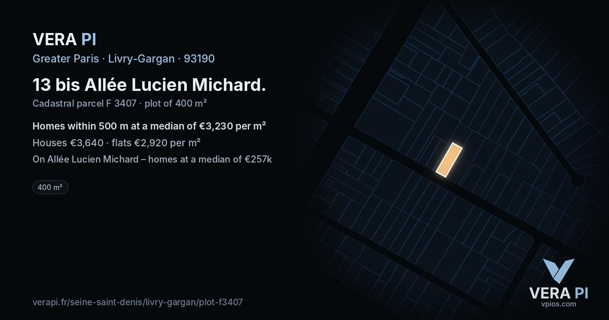 13 bis Allée Lucien Michard, Livry-Gargan at night – the plot lit, the parcels around coloured by the prices near them
