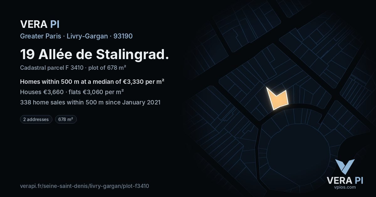 19 Allée de Stalingrad, Livry-Gargan at night – the plot lit, the parcels around coloured by the prices near them