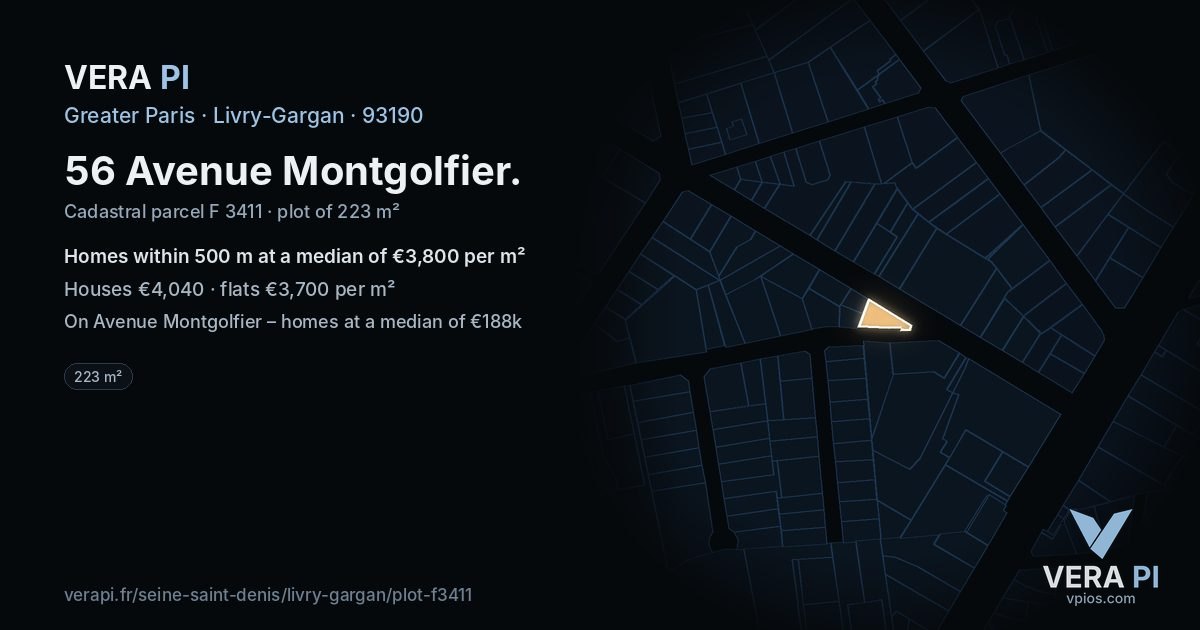 56 Avenue Montgolfier, Livry-Gargan at night – the plot lit, the parcels around coloured by the prices near them