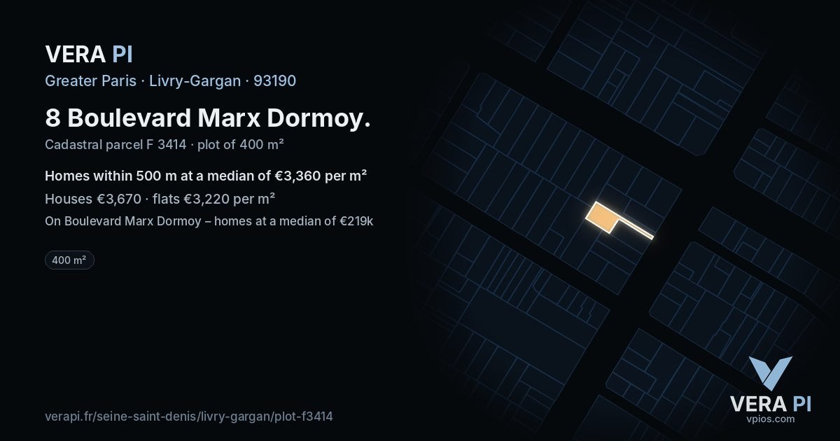 8 Boulevard Marx Dormoy, Livry-Gargan at night – the plot lit, the parcels around coloured by the prices near them