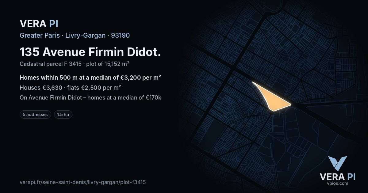 135 Avenue Firmin Didot, Livry-Gargan at night – the plot lit, the parcels around coloured by the prices near them