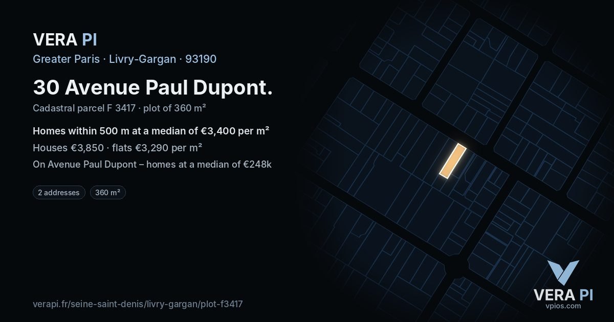 30 Avenue Paul Dupont, Livry-Gargan at night – the plot lit, the parcels around coloured by the prices near them