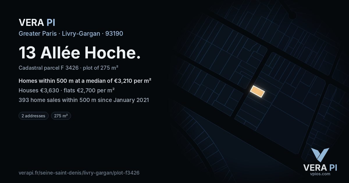 13 Allée Hoche, Livry-Gargan at night – the plot lit, the parcels around coloured by the prices near them