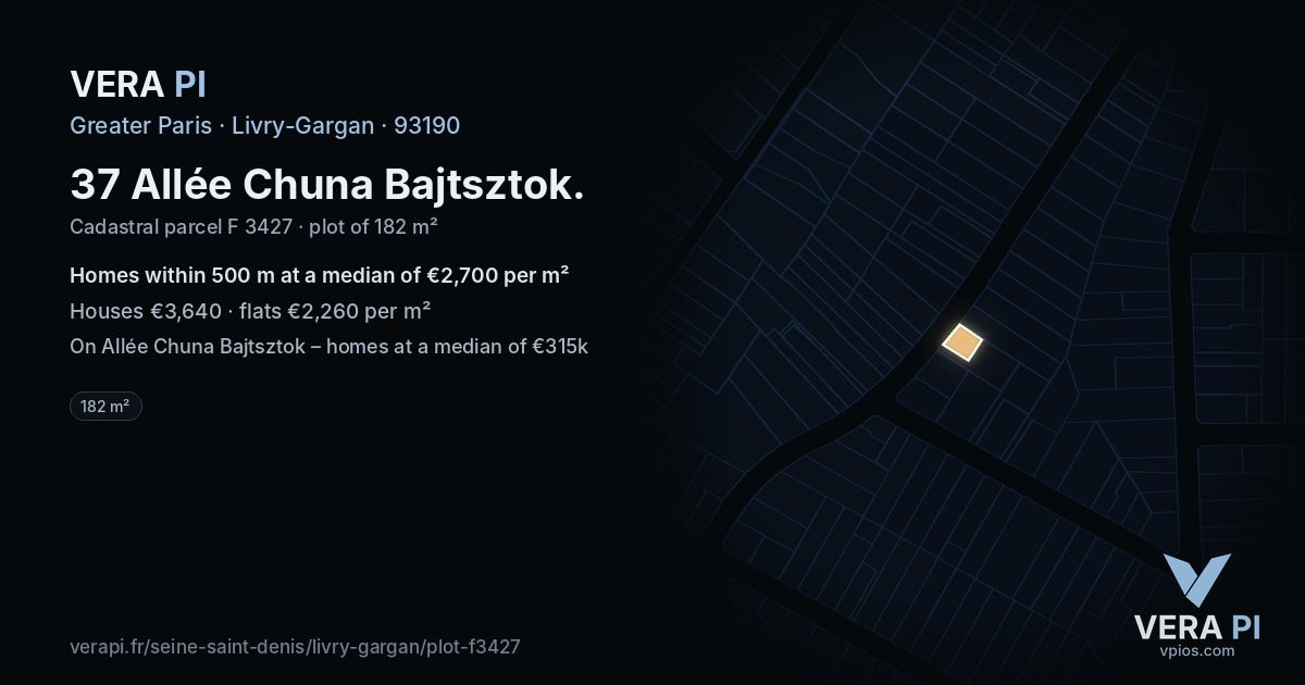 37 Allée Chuna Bajtsztok, Livry-Gargan at night – the plot lit, the parcels around coloured by the prices near them