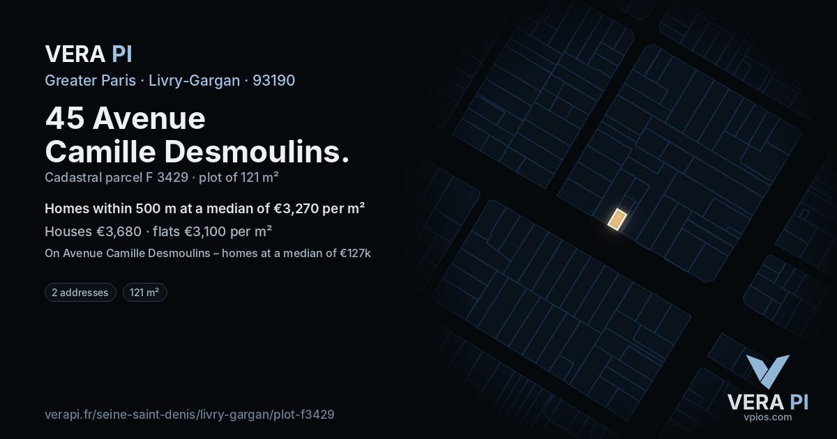 45 Avenue Camille Desmoulins, Livry-Gargan at night – the plot lit, the parcels around coloured by the prices near them