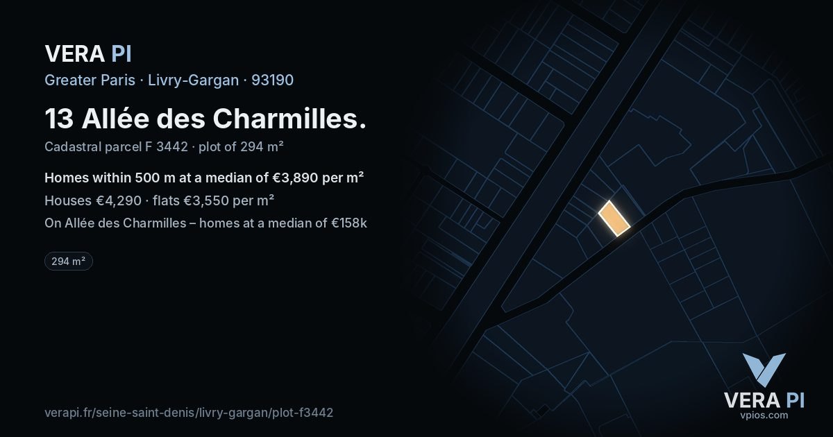 13 Allée des Charmilles, Livry-Gargan at night – the plot lit, the parcels around coloured by the prices near them