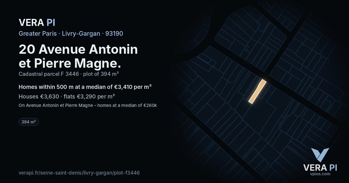 20 Avenue Antonin et Pierre Magne, Livry-Gargan at night – the plot lit, the parcels around coloured by the prices near them