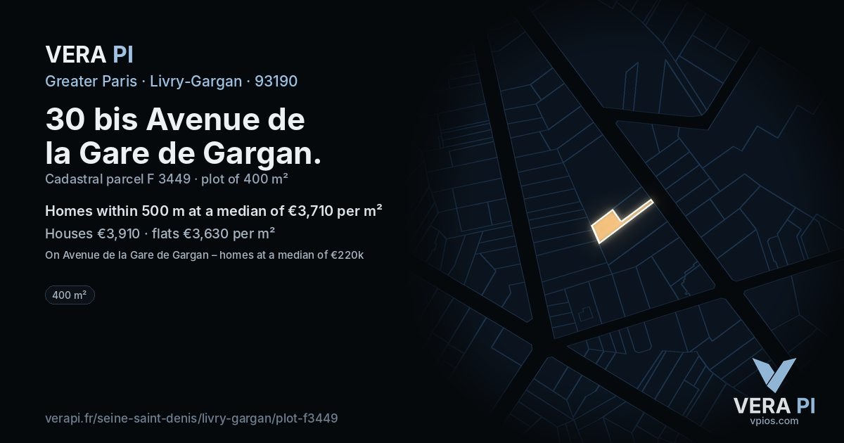30 bis Avenue de la Gare de Gargan, Livry-Gargan at night – the plot lit, the parcels around coloured by the prices near them