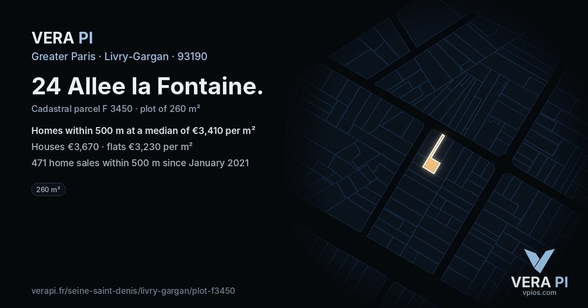 24 Allee la Fontaine, Livry-Gargan at night – the plot lit, the parcels around coloured by the prices near them