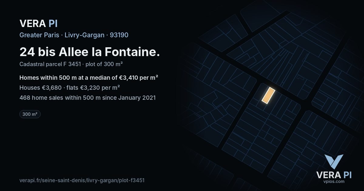 24 bis Allee la Fontaine, Livry-Gargan at night – the plot lit, the parcels around coloured by the prices near them