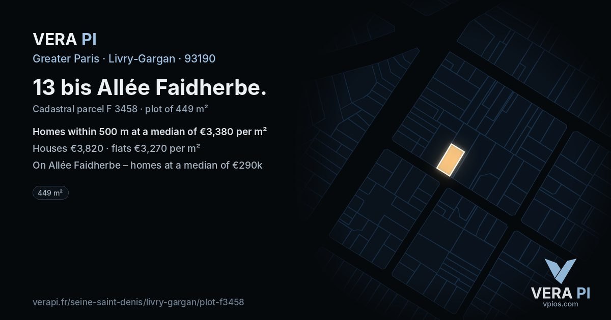 13 bis Allée Faidherbe, Livry-Gargan at night – the plot lit, the parcels around coloured by the prices near them